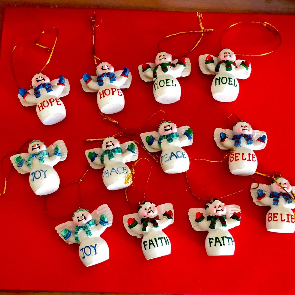 Set of 12 Snowman Angel ornaments.  Hope, Noel, Peace, Joy, Believe, Faith.